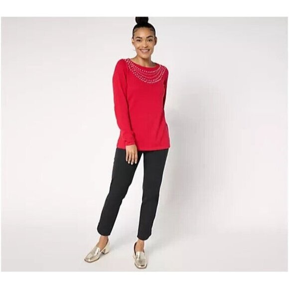 Quacker Factory Pearl Rhinestone Necklace Long Sleeve Sweater RUBY RED L A668150 - Picture 3 of 4